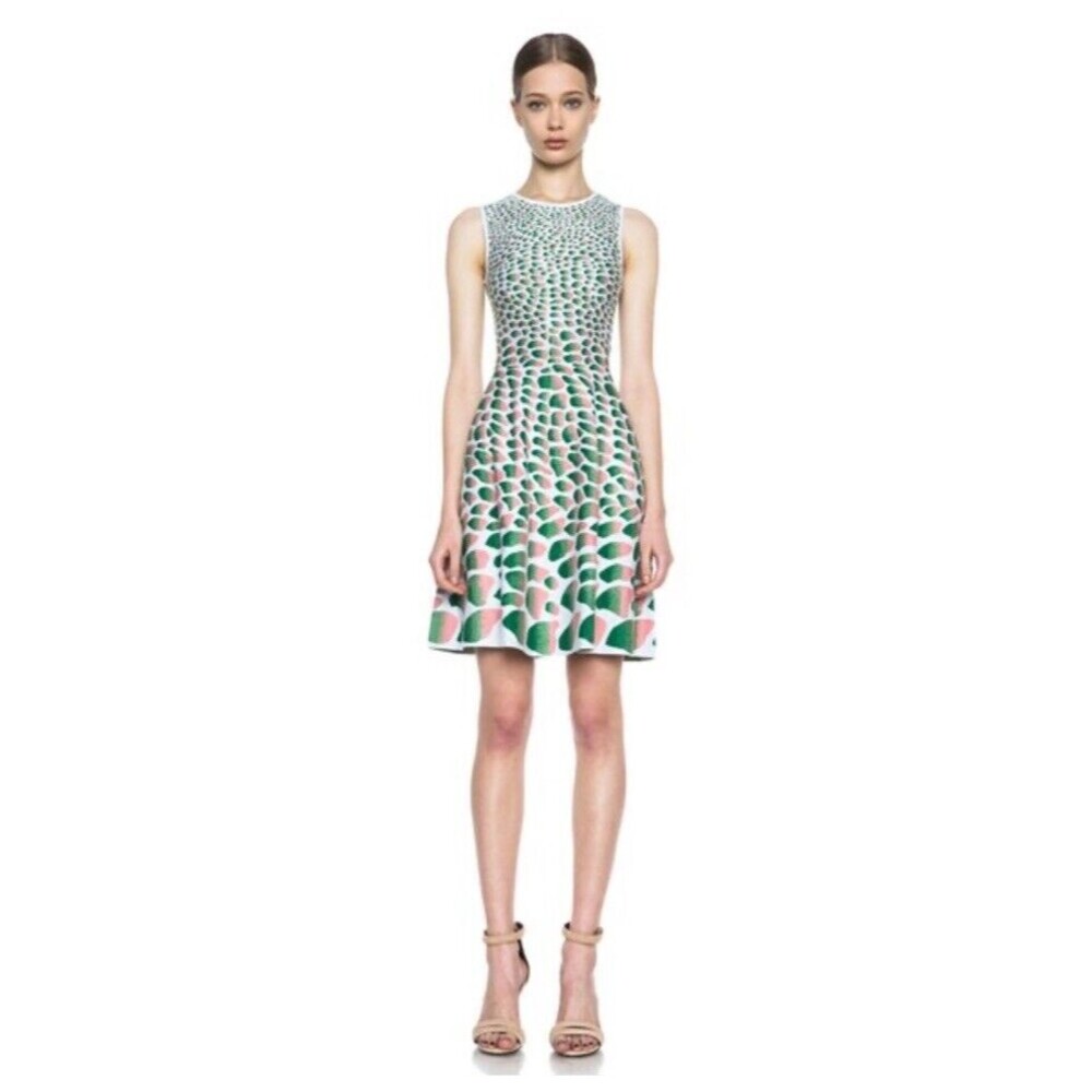 $635 ISSA Jacquard Palm Print Knit Dress Fit Flare Green Pink Skater S 0 2  4